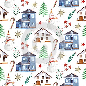 Watercolor pattern with Christmas houses