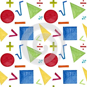 Watercolor pattern with colorful various symbols on white background. Pattern for various school products, wrapping, etc