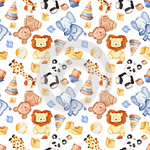 Watercolor pattern with cute animals and toys.