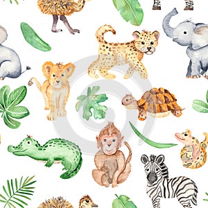 Watercolor pattern with cute cartoon animals of Africa.