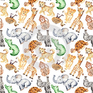 Watercolor pattern with cute cartoon animals of Africa.