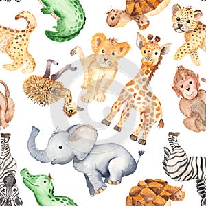 Watercolor pattern with cute cartoon animals of Africa.