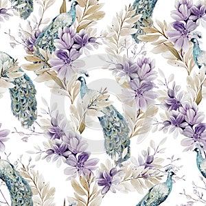Watercolor pattern with the different purple flowers and wild herbs, peacock bird