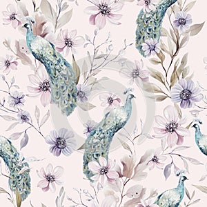 Watercolor pattern with the different purple flowers and wild herbs, peacock bird