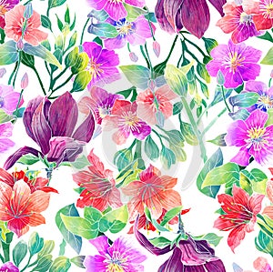 Watercolor pattern of exotic flowers