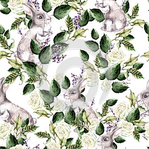 Watercolor pattern with Fanny banny, green leaves and lavender flowers.