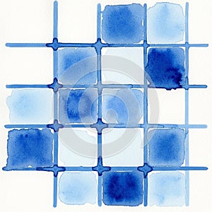 Watercolor pattern featuring a grid of blue squares on a white