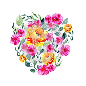 Watercolor pattern of flowers and leaves. Bright summer print in heart shape with floral elements