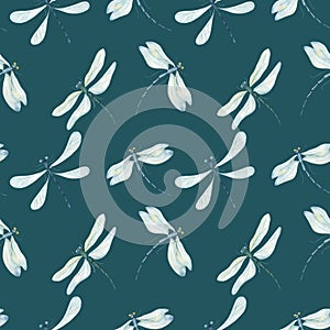 Watercolor pattern with fluttering dragonflies on a dark background, a dragonfly insect.