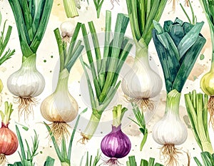 Watercolor Pattern of Fresh Onions and Leeks on a Light Background