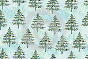 Watercolor pattern with green Christmas fir trees