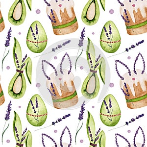 Watercolor pattern, green eggs with lavender, easter cake, dots on white background. For various products, wrapping etc.