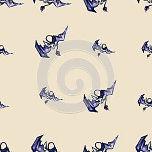 Watercolor pattern with hand-drawn big and small blue synonyms bats. Seamless background for wallpaper, textile and