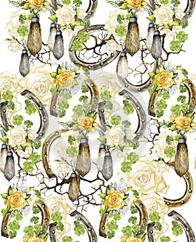 Watercolor pattern with horseshoes