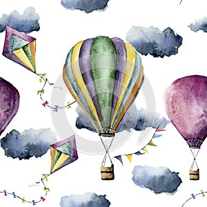 Watercolor pattern with hot air balloon and kite. Hand drawn vintage kite, air balloons with flags garlands, clouds and