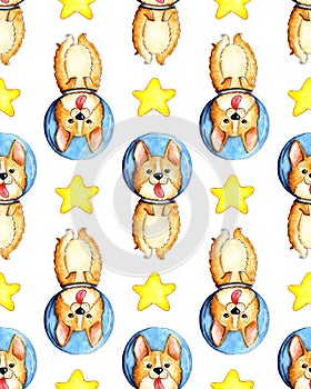 Watercolor pattern illustrations of corgi in space, and stars