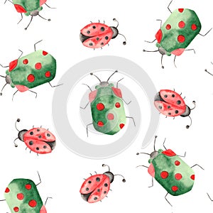 Watercolor pattern of insects, ladybugs, bedbugs, beetles with leaves on a white background.