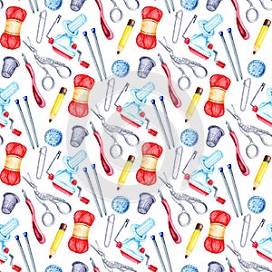 Watercolor pattern knitting tools seamless, repeating pattern.