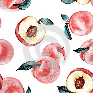 Watercolor pattern of large peaches with leaves on a white background