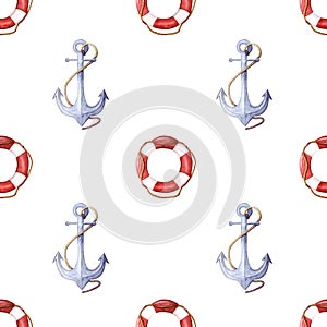 Watercolor pattern of life-ring and anchor. lifebuoy with rope and anchor with rope seamless pattern