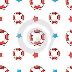 Watercolor pattern of life-ring with red and blue stars. lifebuoy with rope