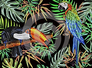 Watercolor pattern with macaw parrot, toucan, jungle leaves on a dark background. Tropics.