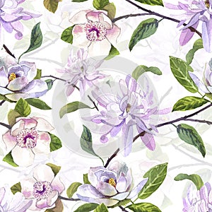 watercolor pattern magnolia flowers, white magnolia, pink and yellow