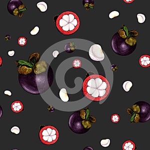Watercolor pattern with mangosteen on dark grey background