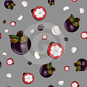 Watercolor pattern with mangosteen on grey background