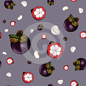 Watercolor pattern with mangosteen on purple background