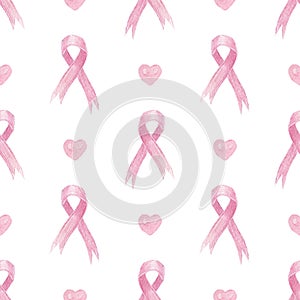 Watercolor pattern for National Breast Cancer Awareness Month with pink ribbon and heart on white background.