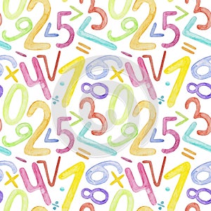 Watercolor pattern with numbers and math symbols. Colorful childish pattern on white background.