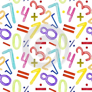 Watercolor pattern, numbers and math symbols on white background. Seamless pattern for school products, wrapping, etc.