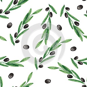 Watercolor pattern with olives, olive branches, a bottle of olive oil.