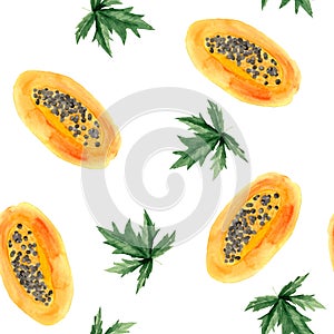 Watercolor pattern with papaya, papaya piece, papaya leaves