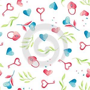 Watercolor pattern with pink and blue hearts, lock, key, cupcake, leaves, a glass of coffee, a jar.