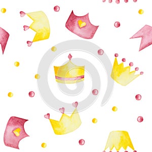 Watercolor pattern with pink and yellow crowns on white background.