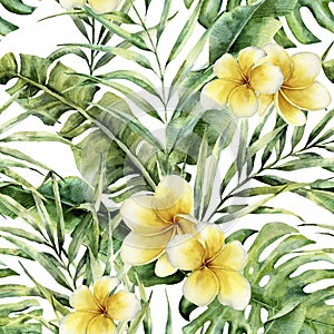 Watercolor pattern with plumeria, palm tree leaves. Hand painted exotic greenery branch. Botanical illustration. For