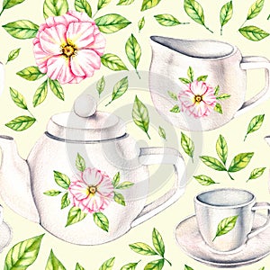 Watercolor pattern from a porcelain cup and teapot, flowers, bouquets