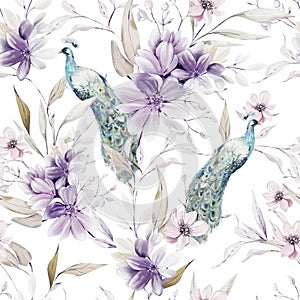 Watercolor pattern with the purple flowers and wild herbs, peacock bird