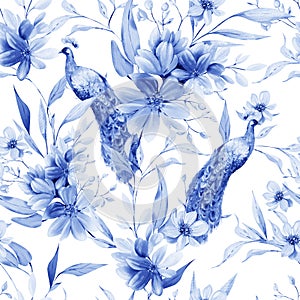 Watercolor pattern with the purple flowers and wild herbs, peacock bird