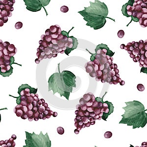 Watercolor pattern with purple grapes and grape leaves.