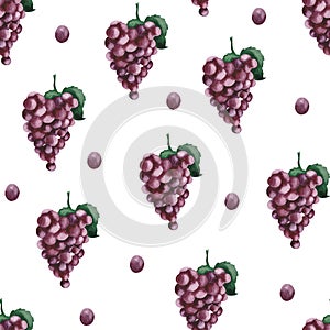Watercolor pattern with purple grapes and grape leaves.