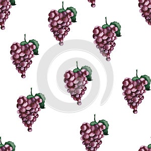 Watercolor pattern with purple grapes and grape leaves.