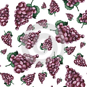 Watercolor pattern with purple grapes and grape leaves.