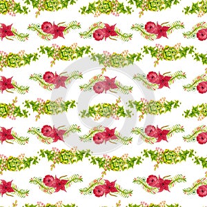 Watercolor pattern red flowers, succulent