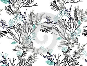 Watercolor pattern seamless of marine corals and floral oceanic elements