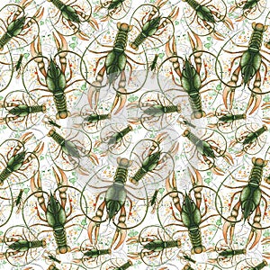 Watercolor pattern of seamless pattern on a marine theme and on a zodiac sign, cancer, lobster, river crayfish, green, detailed il