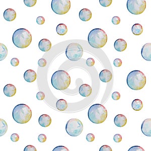 Watercolor seamless pattern. Soap bubbles on a white background.