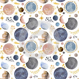 Watercolor pattern of space with planets and stars